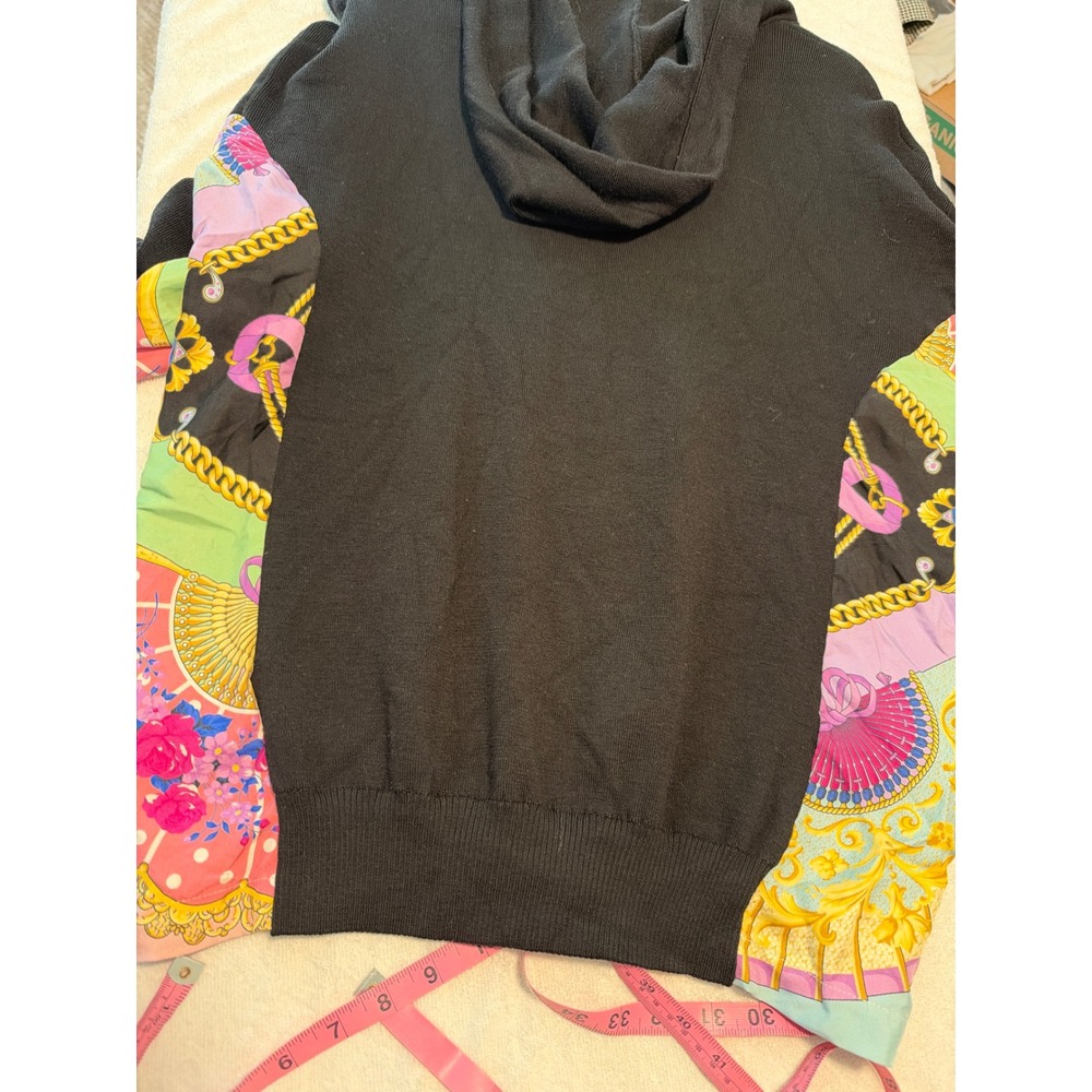 Versace Silk Scarf Paneled Hoodie Womens 38 Black Baroque Knit Pullover - Picture 14 of 14
